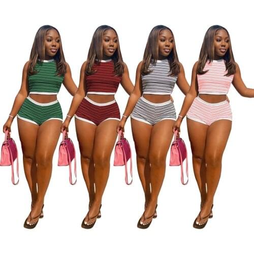 Sleeveless Casual Suit Striped Sports Shorts 2-Piece Set