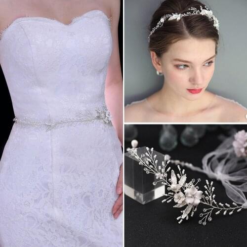 ZMSH344 Bridal Sash for Wedding Accessories Gown Beaded Belt with Rhinestones Silver Bridal Belts For Women Dress with Pearl
