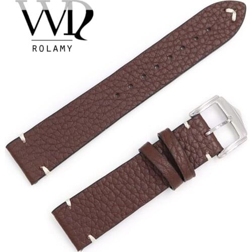 Rolamy 20 22 24mm Wholesale Genuine Cowhide Smooth Vintage Leather Black Brown Blue Red Watch Band Strap With Polish Buckle