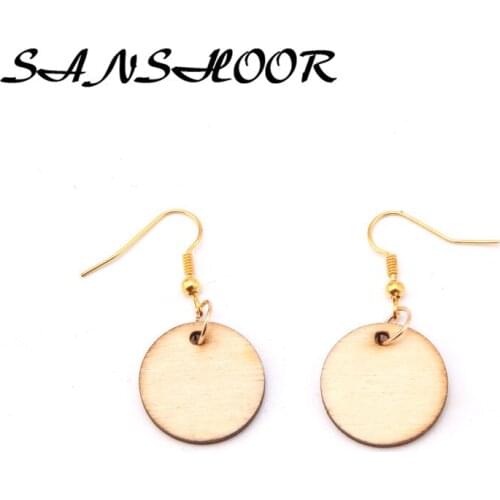 SANSHOOR Fashion Women Dangle Round Natural Wood Earrings With Free Hook Fit Painted DIY Jewelry 10Pairs/lot