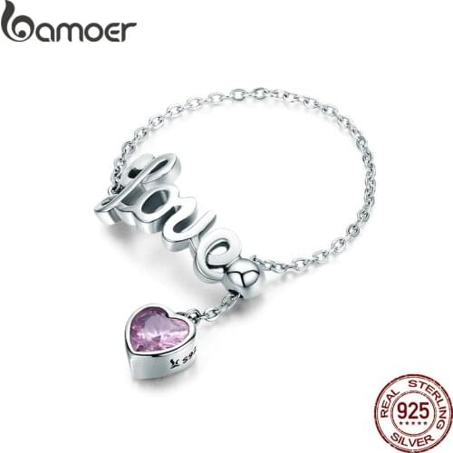 BAMOER Genuine 925 Sterling Silver Love Letter Adjustable Finger Ring Female Party Finger Ring Sterling Silver Jewelry SCR246