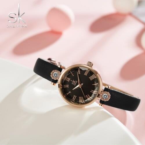 Shengke Luxury Womens Watches Quartz Leather Strap Clock Crystal Dial Decoration Waterproof Ladies Wristwatch Relogio Feminino