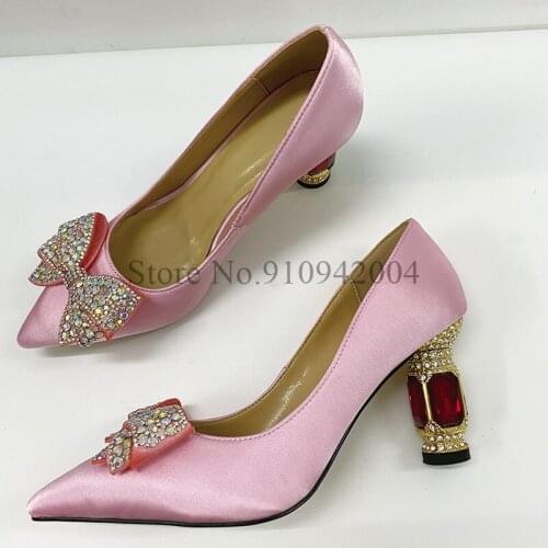 Rhinestone chunky high heel shoes women pointed toe bling bling crystal bow-knot decor gold pumps pink satin party bride shoes