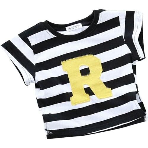 High quality Korean boy cotton stripe alphabet embroidered girls casual T-shirt short sleeved summer children clothing