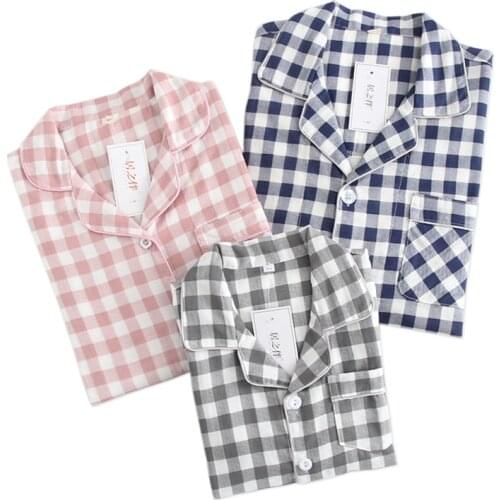 Japanese Simple plaid 100% gauze cotton lovers pajama sets women and men family Parent-child outfit long sleeve sleepwear men