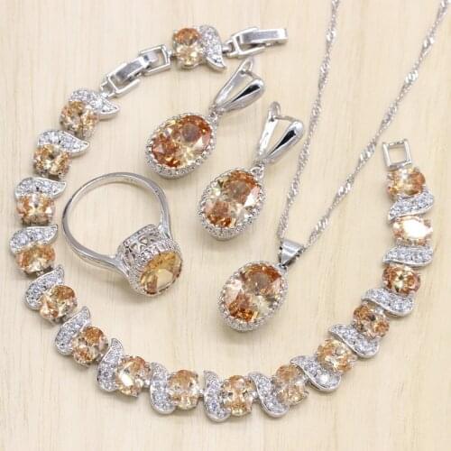 Silver Color Bridal Jewelry Champagne Zircon Jewelry Sets For Women Earrings/Pendant/Necklace/Rings/Bracelet