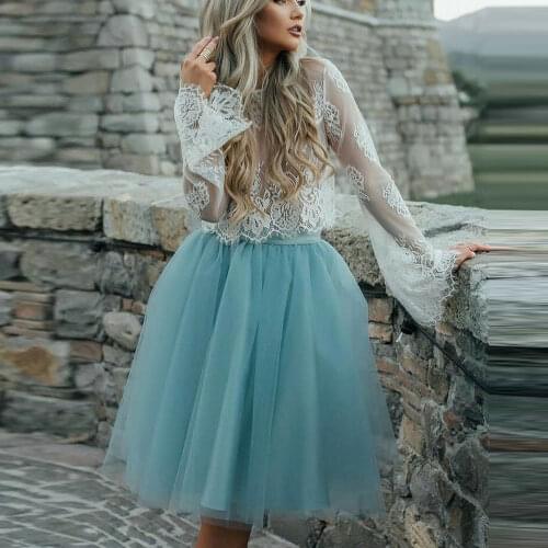 Pretty Simple Classic Summer Sky Blue Skirt Ruffle Tulle Layered Elastic Knee LengthWomen Skirts Custom Made Plus Size