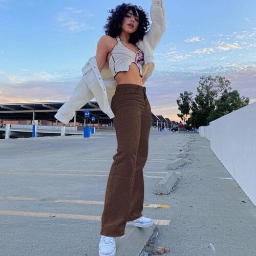 Brown Vintage Baggy Jeans Women 90s Streetwear Pockets Wide Leg Cargo Pants Y2K Low Waist Straight Denim Trousers 2021