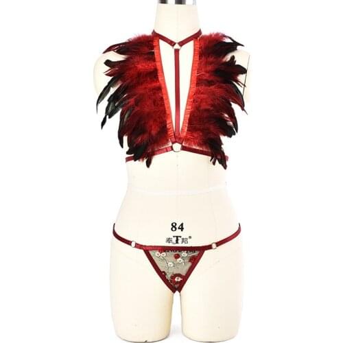 Rave Wear Feathers Epaulette Cage Bra Womens Feathers Gothic Body Harness Belt Sexy Fetish Angel Wings Bondage Harness Lingerie