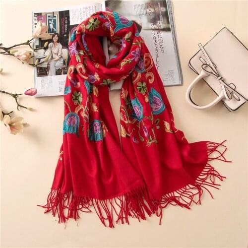 Embroider Flower Cashmere Scarf For Women Winter Spring Warm Tassels Shawl Luxury Brand Bandana Pashmina Lady Wrap