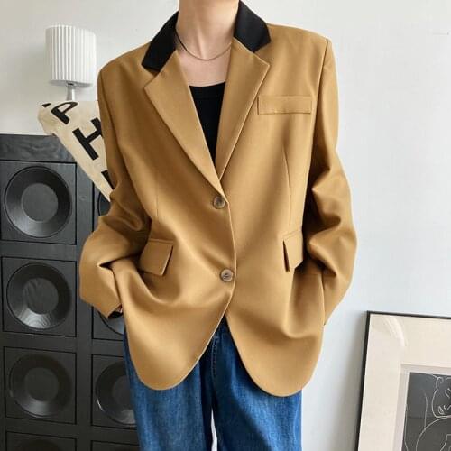 Fall Patchwork Notched Collar Blazer Single Breasted Jackets Long Sleeve Pockets Back Split Loose Female Winter Outerwear C018