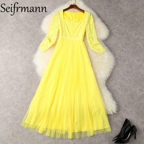 Seifrmann New 2021 Summer Women Fashion Runway Party Pleated Dress Long Sleeve High Waist Lace Yellow Printed A-Line Dresses