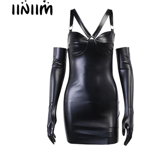 Iiniim Women Fashion Hot Punk PU Leather O-ring Bodycon Dress with Long Gloves for Rock Concert Clubwear Music Festival