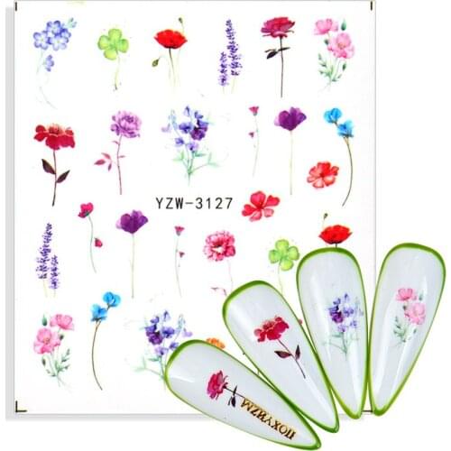 1Pcs Flower Leaf Water Stickers Decals Blue Pink Floral Sliders Wraps Manicure Summer Autumn Nail Art Decoration