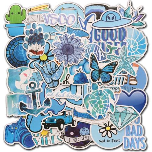 50Pcs Blue Vsco Stickers Water Bottle Sticker Vinyl Cute Aesthetic Luggage Waterproof Sticker Pack Vsco Girl Stuff for Teen Kids