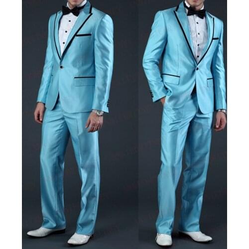 ANNIEBRITNEY Shiny Men Suits Blue Satin Slim Fit Formal Groom Party Prom Dress Tuxedo Custom Big Size Coat Blazer Pants Set 2019