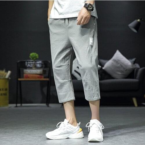 Summer cotton linen capri pants men thin loose trousers elastic waist