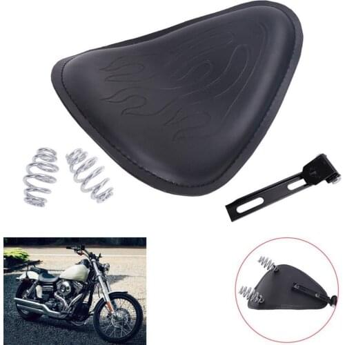 For Harley Sportster Bobber Chopper Honda Yamaha Kawasaki Suzuki Flame Leather SOLO Seat Cover + 3" Spring Bracket Mount Kit