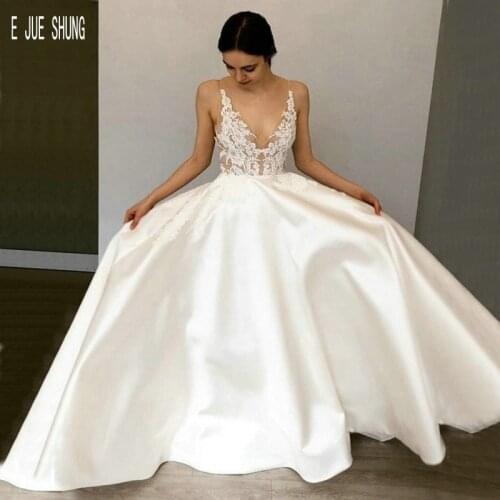 E JUE SHUNG Beach Wedding Dresses For Bride Deep V Neck Appliques Sheer Bridal Gowns A Line Satin Bride Dresses vestido de noiva