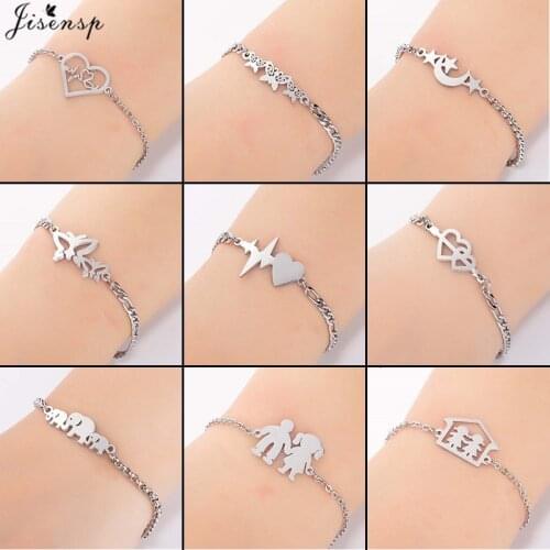 Jisensp Cute Stainless Steel Bracelet Heartbeat Butterfly Elephant Charm Bracelets Figure Family Jewelry Bangles pulseras mujer