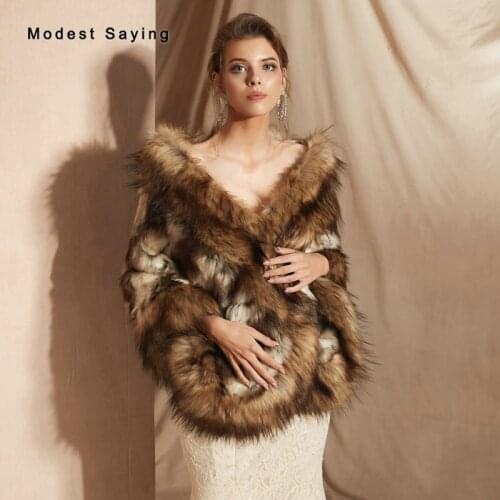 Brown Wide Faux Fur Wedding Shrugs 2019 New Fashion Fur Bridal Shawls Formal Women Party Stole Warm Ups Wrap Wedding Accessories
