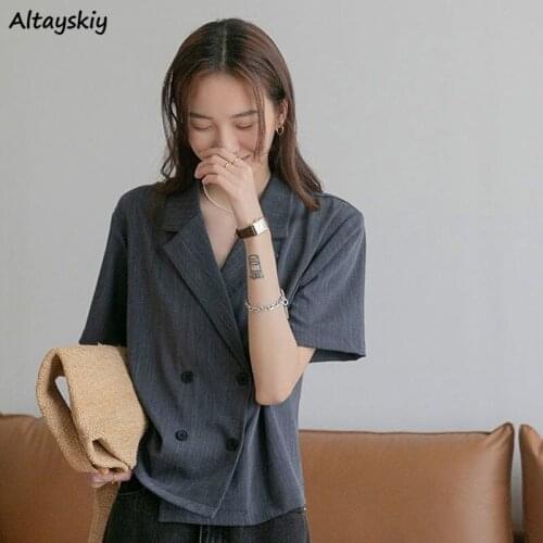 Basic Jackets Women Elegant Vintage Solid Fashion Korean Style Summer Classical Double Breasted Short Sleeve Simple Office Lady