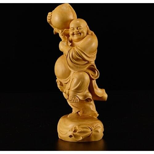 15/30CM Wood Carved Smile Often Open Shoutao Maitreya Laugh Buddhas Solid Wood Crafts Home Feng Shui Ornaments Birthday Gifts
