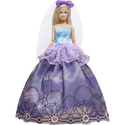 Fashion Purple Wedding Dress Evening Party Wear Long Dresses Bride Skirt With Veil Accessories Clothes for Barbie Doll Kids Toy