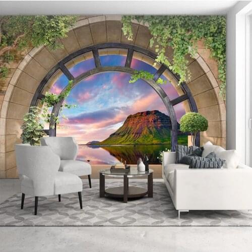Custom Wall Cloth Arch Balcony Mountain Peak Lake Scenery Photo Murals Wallpaper Living Room TV Background Wall Home Decor Mural