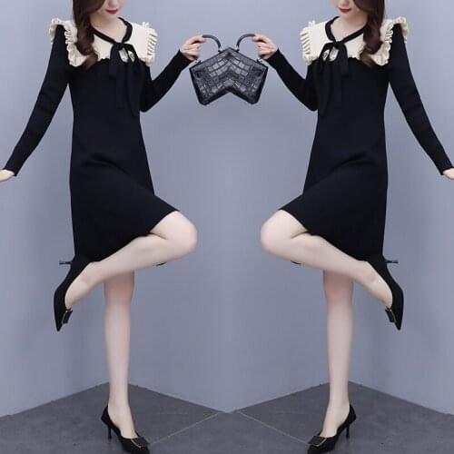 Autumn and winter look thin and age-reducing sweet and fake two-piece mid-length knit dress vestidos de festa