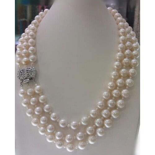 Wholesale 3 rows natural AA 8-9mm white round freshwater pearl and nice clasp necklace