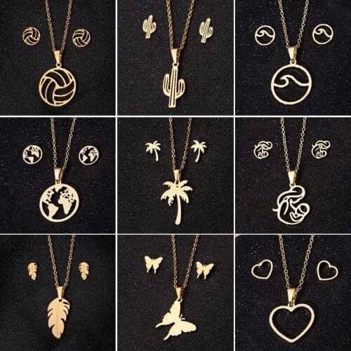 Gold Stainless Steel Necklaces for Women Cute Butterfly Cactus Coconut Feather Necklace Fashion Jewelry Brincos