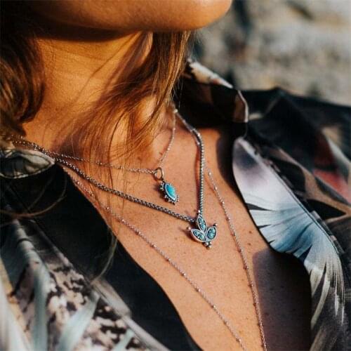 Cactus Flower Turquoise Necklace for Women Summer Desert Plant Jewelry Blue Shamrock Saguaro Southwestern Design 46+7cm KL30FI