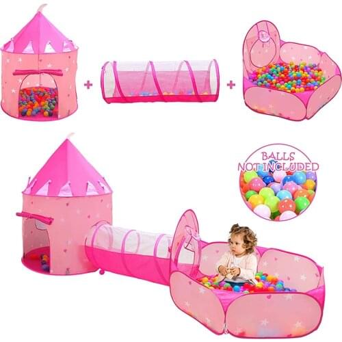 3pc Portable Kids Play Tent for Girls Children Pink Stars Playhouse Tunnel With Ball Pit Princess Castle Toy Tent Outdoor&Indoor