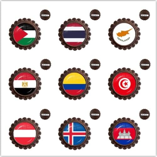 Palestine,Thailand,Cyprus,Egypt,Colombia,Tunisia,Austria,Iceland,Cambodia National Flag Wood Glass Cabochon Brooches Collarpin
