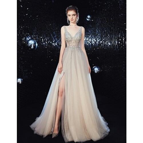 Grey Blue Prom Dress A-line Beading Sequined Pleat High Split V-neck Back Straps Wedding Guests Formal Party Evening Prom Gowns