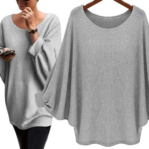 Women Oversized Batwing Knitted Pullover Loose Sweater Solid Color Long Sleeve Sweater Jumper Pullover Autumn Elegant Ladies Top