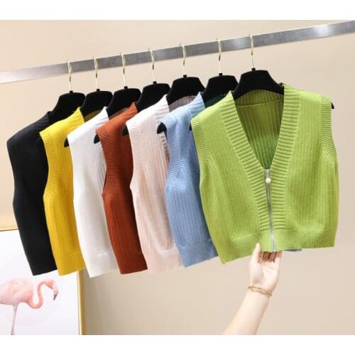 Shintimes Chic Autumn Sleeveless Sweater Pullovers Women Casual V-Neck Zipper Sweater Vest Female Short Knit Jumpers Tops 2020