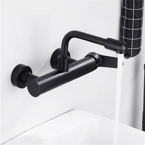 Kitchen Faucets Black Brass Wall Mounted Dual Hole Bathroom 360 Rotate Basin Faucet Cold Hot Water Sink Crane Mixer Taps