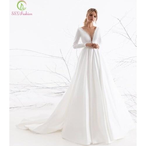 SSYFashion White Satin Wedding Dress Bride Married Elegant V-neck Long Sleeve A-line Wedding Gown Plus Size Vestidos De Novia