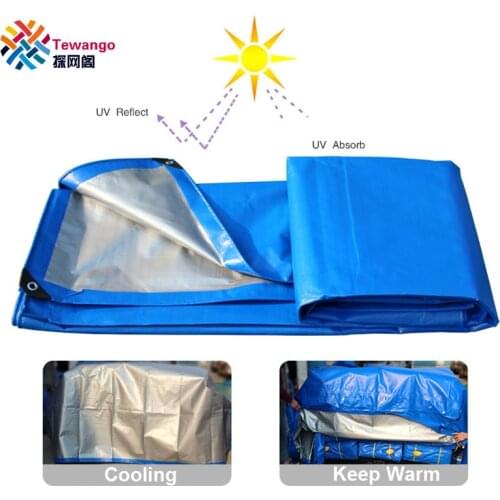 Tewango Blue+Silver Double Use Heavy Duty 160gsm Waterproof Tarp PE Fabric Outdoor Cover Truck Car Awning