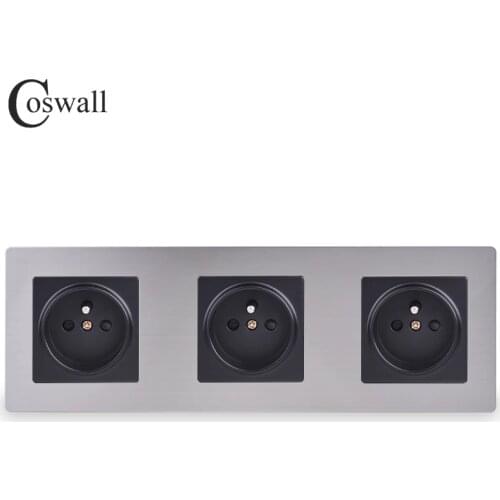COSWALL Stainless Steel Panel Triple Wall Socket 16A French Standard Electrical Outlet Silver Black Color Child Protective Door