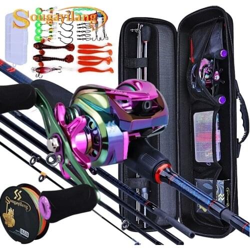 Sougayilang Fishing Rods and Reels 5 Section Carbon Rod Baitcasting Reel Travel Fishing Rod Set with Full Kits Carrier Bag