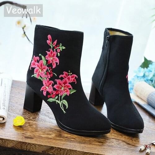 Veowalk High End Floral Embroidered Women Cotton Short Ankle Boots Ladies Casual Block Heel Pumps Shoes Female Boats
