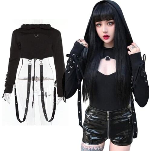 Women Fashion Black Gothic Hoodie Crop Top Rivet Straps Cosplay Costume short sweatshirt Halloween costume
