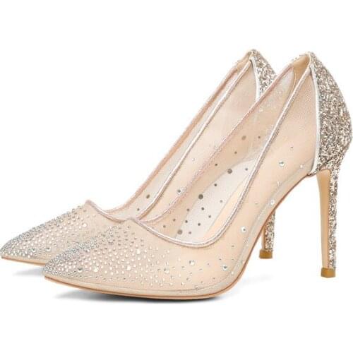 Women shoes sandals 2020 summer new nude color mesh shallow mouth rhinestone pointed toe sexy wild sandalias de las mujeres