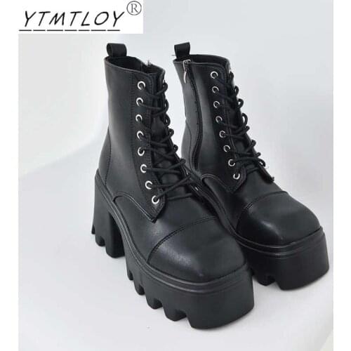 2022 Winter Fashion Motorcycle Boots Womens Platform High Heels Casual Shoes Black Leather Punk Fighting Womens Mid-tube Boots