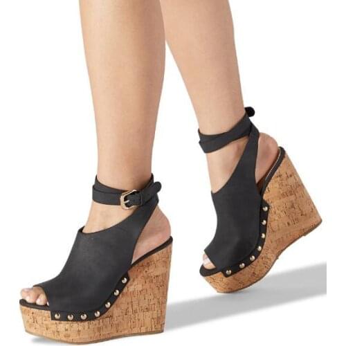 Women Shoes Autumn Wedges Platform Cork High Heel Stripper Sandals Peep Toe Rivet Deco Open Heels Ladies Party Shoes Muffin Heel