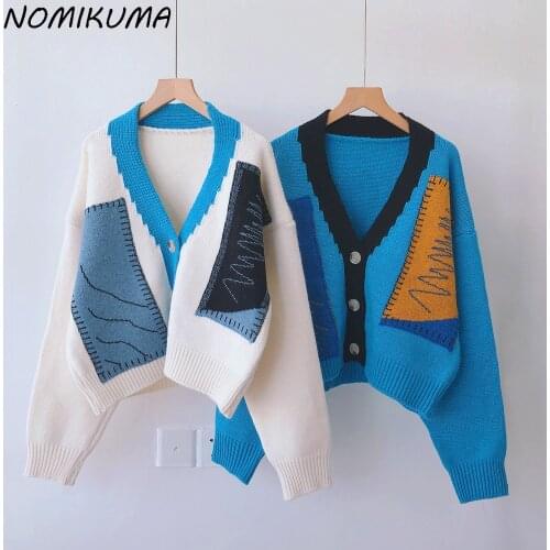 Nomikuma Woman Sweater Coat Korean Hit Color Causal Knitted Cardigans 2021 Autumn New Long Sleeve V-neck Knitwear Outwear 6L611