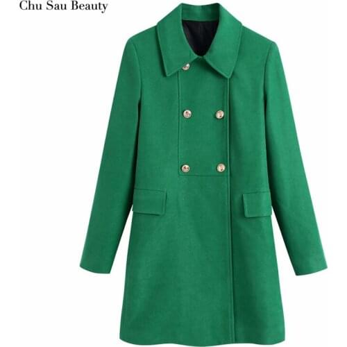 2021 ZA Womens Double-Breasted Slim-Fit Woolen Coat Jacket, Retro Lapel Long Sleeve Pocket Decorated With Chic Chest Button